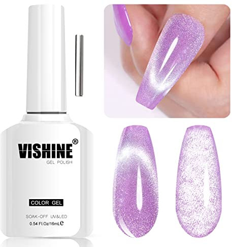 Vishine Gel Nail Polish 16ml/0.54fl oz, Holographic Translucent Lilac 9D Cat Eye Shiny Gel Polish Glitter Soak Off Nail Polish with Magnetic Stick for Nail Art Lilac (M071)