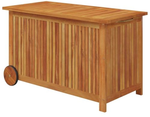 vidaXL Solid Acacia Wood Garden Storage Box with Wheels - Retro Style, Brown Color, Weather- Cushion Box, Portable Garden Storage Solution with Ample Organised Space