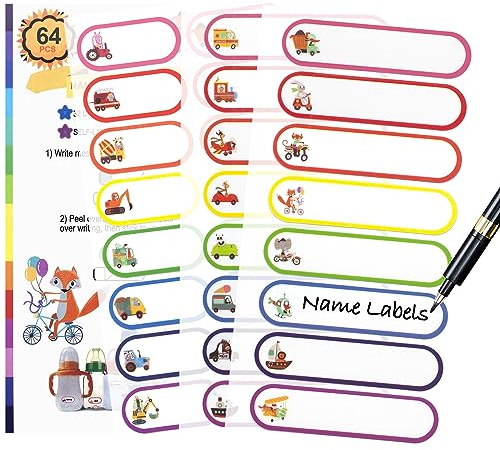 Namensaufkleber Kinder, 64 Stück Wasserfest Selbstklebende Namensschilder für Schule Spülmaschinenfest, Personalisiert Klebeetiketten Schulaufkleber für Kita Kindergarten Kleinkind Gegenstände
