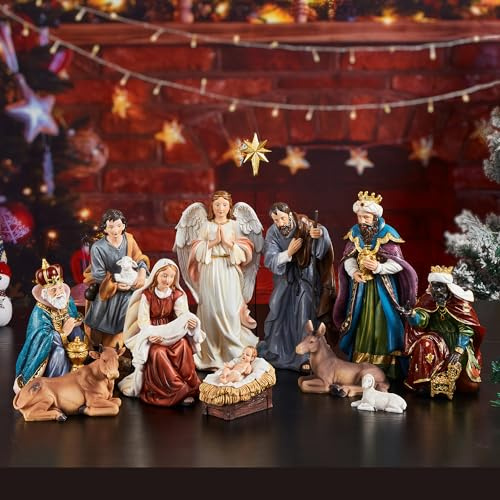 TOETOL Weihnachtskrippen-Sets für Weihnachten, Innenbereich, 30 cm hoch, großes Set mit 13 Stück, Kunstharz-Szene, Ornament, religiöse Weihnachtstischdekoration, Sammlung, Geschenke