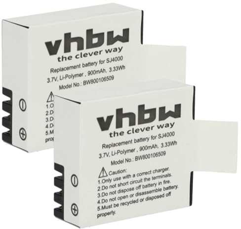 2 x vhbw Li-Ion Akku Set 900mAh (3.7V) kompatibel mit Videokamera Sportkamera Camcorder EKEN H8, H8 Pro, H8R, H9, H9R