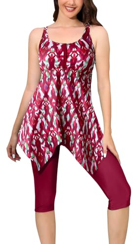 Ecupper Damen Tankini Set Badekleid Blumen Muster Badeanzug mit Shorts Swimsuit Übergröße Rot L