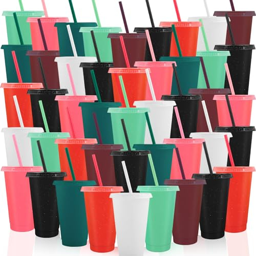 MSYU 45 Pack Plastic Cups with Lids and Straws, 24oz Clear Reusable Cold Tumbler Bulk, Party Tumbler Cups Set Travel Cup for Drinks Iced Coffee Smoothie Milkshake