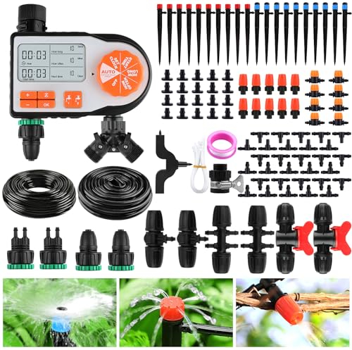 EBANKU 182Ft Kit di irrigazione a goccia,irrigazione automatica da giardino, 123 pezzi, con tubi dell'acqua da 1/4 1/2, Uscita multi-testa, timer di irrigazione automatico, prato giardino, fattoria