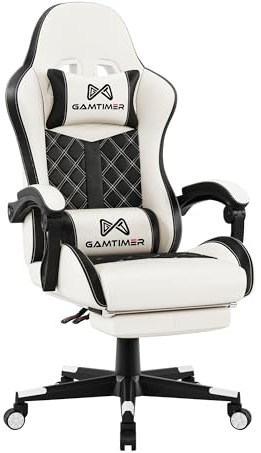 Gamtimer Sedia da Gaming,ergonomica,con poggiapiedi e supporto per lordosi,in pelle PU traspirante, grande chair,sedia girevole a 360 gradi (Bianco)