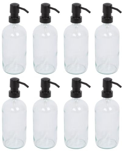 Harbour Housewares Clear Glass Soap Dispensers Pack of 8-500ml Refillable Bottles with Black Pumps - Bathroom and Kitchen Accessories for Hand Wash, Lotion or Washing Up Liquid