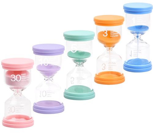 Dokeno 5 Pièces Sablier Coloré, 1/3/5/10/30 Minutes Sablier Minuterie, Minuteur de Sable, Sablier Horloge de Sable, Sablier Brosse à Dents pour Enfant pour Jeux, Cuisine, Exercice, Brossage, Bureau