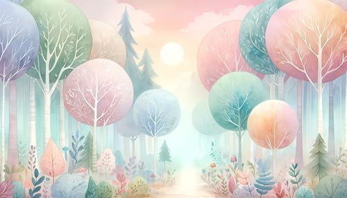 UNIK Nordic Vliestapete, BxH 150x250 cm, Pastell Wald Aquarell, Tapete Bäume, Fototapete Kinderzimmer Wälder, XXL Kindertapete in bunten Farben, für Kinder- und Babyzimmer, Waldtapete Made in Germany
