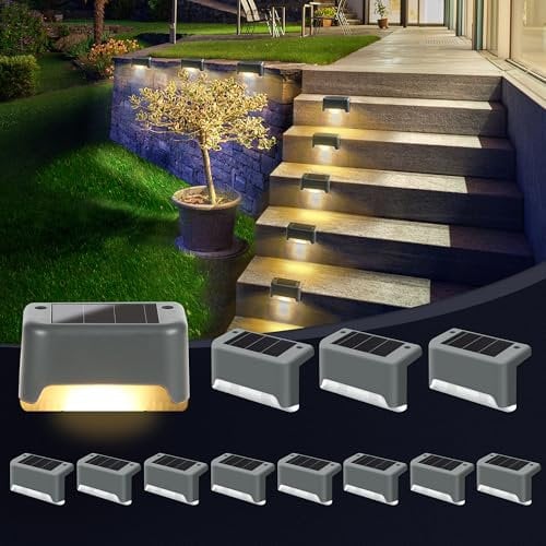 GIGALUMI 12 pezzi luce solare esterna per scale, luci solari a LED per esterni, giardino, impermeabile, luci solari per esterni, per scale, recinzione, terrazza, patio, strada (grigio, bianco caldo)
