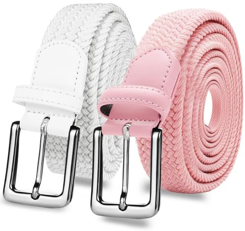 LOVMEAD Elastischer Gürtel Stretchgürtel Geflochten Herren Damen Wert 1 2 Stück, Golf Stoffgürtel Flechtgürtel Dehnbarer (2 Stück-Weiß+rosa, 115cm/38’’-42’’ für Taillengröße)