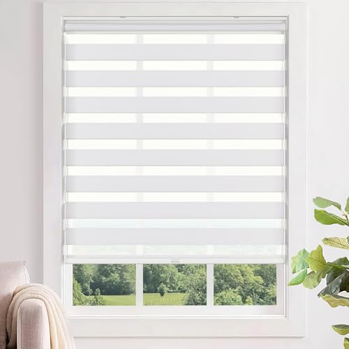 LazBlinds No Tools No Drill Cordless Zebra Blinds for Windows, Dual Layer Light Control for Day and Night, Light Filtering Privacy Roller Blinds and Shades for Home, 27 W x 72 H, White