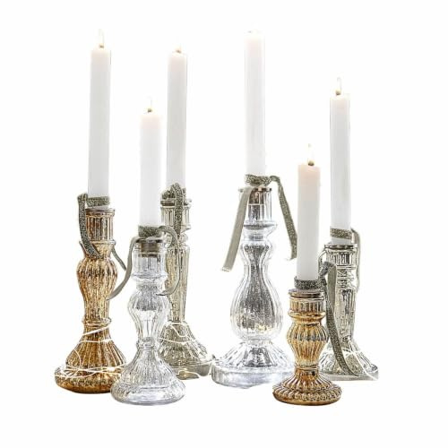 LOBERON Kerzenständer 6er Set Quirène ,  gold/klar | stilvolles Interieur, Aufwendig mundgeblasen, Bauernsilber-Finish & klares Glas im Mix, Sechs individuelle Designs