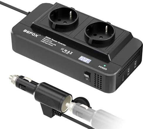 BGFOX 200W Wechselrichter 12V auf 230V Auto Spannungswandler, Stromwandler mit 2 Auto Steckdose/Type-C & 2 USB Anschlüsse und Zigarettenanzünder Verteiler für Handys, Laptop, iPad, DashCam