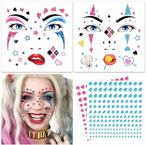 DPKOW Tatouages Quinn, Faux Tatouages pour Quinn Accessoires, Tatouages temporaires Quinn Autocollants avec Pierres précieuses pour Le Visage Bleu Rose