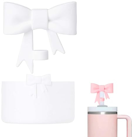 Bow Straw Cover Topper for Stanley Cup, Silicone Pink Straw Toppers Protective Sleeve for Tumbler with Handle 40oz, Dust-Proof Reusable Straw Lids for Stanley Cup Accessories (White)