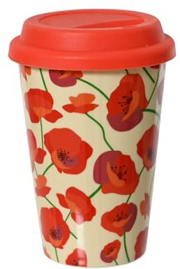 Becher 14cm Porzellan mit Blumenmuster - 390ml Trinkbecher mit Deckel - Teebecher Kakaobecher Kaffeebecher to Go - Trinkgeschirr Porzellanbecher - Rot Beige