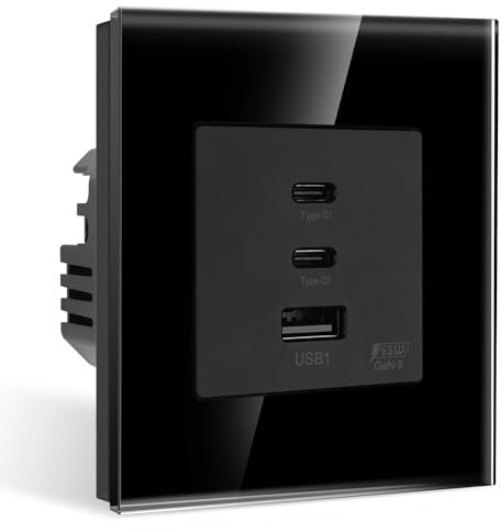 CNBINGO Glas 65W USB Schnellladung - 3× USB-Anschluss (65W Schnellladen) - 2× Typ-C und 1× USB-A - USB Schnellladung Unterputz - 86 * 86mm Schwarz
