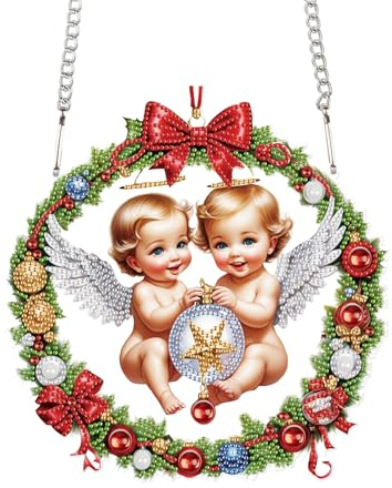 DCIDBEI Diamond Painting Anhänger Pendant 23x24cm Diamond Painting Set Erwachsene Mosaik Dekoration für Wand Eingang Diamant Painting Girlande mit Kette Weihnachten Türkranz Weihnachtsengel Elf Fee