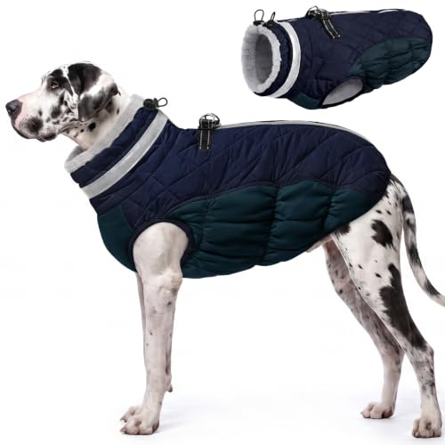 AOFITEE Extra Großer Hundemantel, Warme Wasserdichter & Winddichter Hundejacke mit Bauchschutz, Rollkragen Reflektierende Hund Wintermäntel, Outdoor Fleece Hundebekleidung für Windhund, 3XL Blau