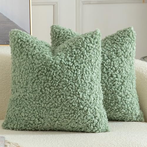 Yaertun 2er Set Kissenbezug Teddywolle Faux Pelz Dekorative Kissenbezüge Plüsch Bouclé Sofakissen Couchkissen Dekokissen Zierkissenbezug Deko Kissenhülle Schlafzimmer Wohnzimmer 50x50 cm Salbeigrün