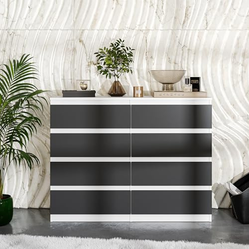 Furnica Kommode 120cm Sideboard mit 8 Schubladen - 120x93x33cm (Weiß Matt/Anthrazit Grau)