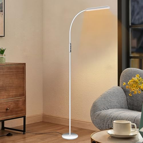 Woobroo Floor Lamp for Living Room, Dimmable Adjustable Reading Standing Lamps with Touch Control, 5 Color Temperature & 5 Brightness Levels, Gooseneck Height Flexible Modern Tall Lamp, White