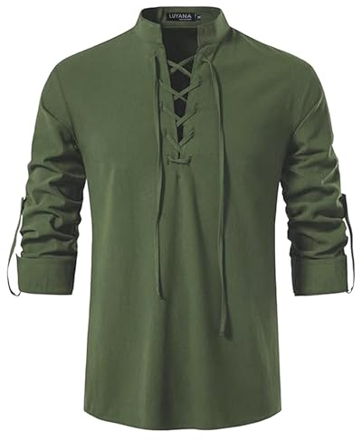 LUYANA Herren Mittelalter Wikinger Hemden Langarm Leinenhemd | Herren-Kostüm mit Schnürung, Mittelalterliches Schottisch Jacobit Shirt, Stehkragen Freizeithemd Vintage Schnürhemd