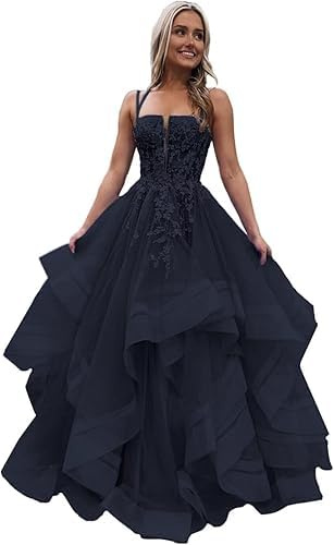 Tulle Prom Dresses Teens Lace Applique Long Ball Gown Tiered Ruffle Sparkly Formal Evening Gowns