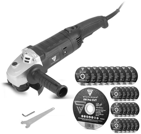 STAHLWERK Winkelschleifer WS-1600 ST mit 25er Set SW Pro CUT Trennscheiben 125 mm, Trennschneider, Trennschleifer mit 1600 W und 3000-8500 U/min