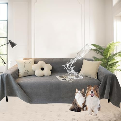SHANNA Chenille-Set Sofabezug und Sofadecke: Luxus Ultra Weiche Sofa Überzug Anti-Rutsch Wasserdicht Atmungsaktiv Loveseat Futon Überzug Alle Jahreszeiten für Katzen Haustier (Dunkelgrau, 180×260cm)