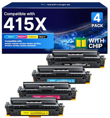 Washope 415X Toner mit Chip-Austausch für 415X 415A Tonerpatronen-Multipack W2030A W2031A W2032A W2033A Kompatibel mit Color LaserJet Pro MFP M454dn W2030A (4er-Pack, Schwarz, Cyan, Gelb, Magenta)