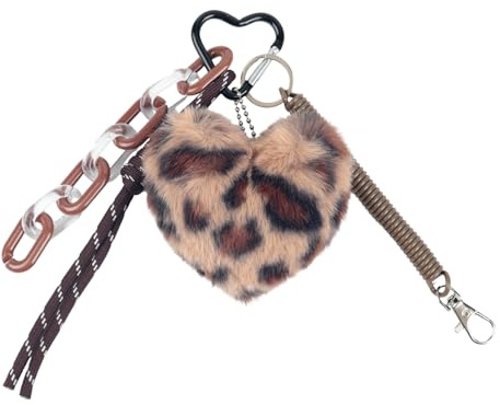 Fycyko Schlüsselanhänger Leopardenmuster Plüschherz Taschenanhänger für Bag Charms Auto Schlüsselanhänger Plüsch Cute Keychain für Frauen und Mädchen,Braun