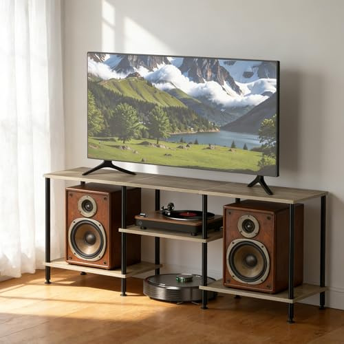 UOMIO Wooden TV Stand Cabinet TV Units With 3-Tier Shelf TV Stands for Living Room Adjustable Feet Rustic TV Unit for TVs Under 50 in TV Cabinet for Bedrooms Living Rooms Apartments (Grey)