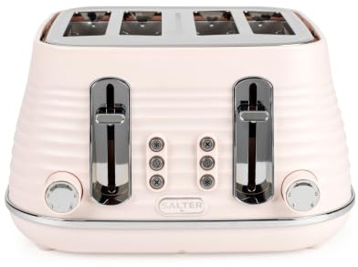 Salter Ripple 4 Slice Toaster With 6 Browning Levels, Pink | Wide Slots For Bagels And Crumpets, Defrost Reheat Cancel Functions, Self Centring Guides, High Lift, Removable Crumb Tray