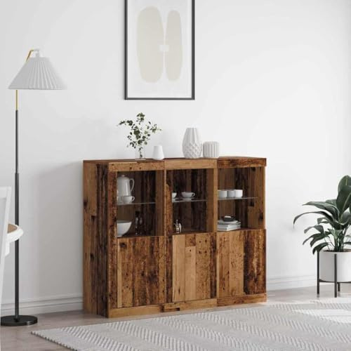 QZZCED Vitrine aus Holz, 3 Stück, modernes Sideboard mit LED-Lichtern und großem Stauraum, ideal zum Organisieren und Dekorieren, 123 x 37 x 100 cm