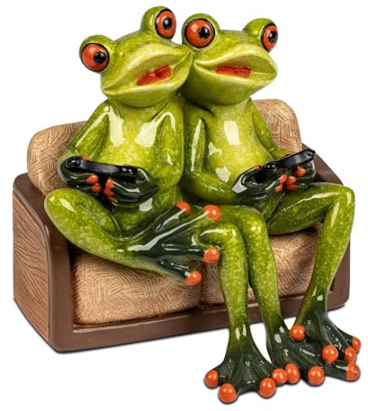 formano Gaming Froschpaar Dekofigur Handbemalte Wohnraumfigur Polyresin 12x11 cm - Humorvolle Deko für Wohnzimmer, Regal oder Gamer-Ecke - Serie Froschhausen