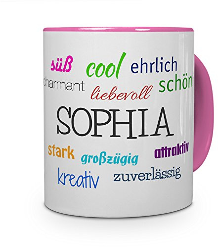 printplanet Tasse mit Namen Sophia - Positive Eigenschaften von Sophia - Namenstasse, Kaffeebecher, Mug, Becher, Kaffeetasse - Farbe Rosa