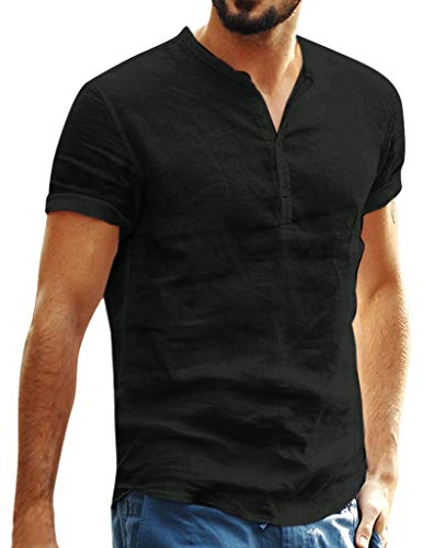 Dasongff Leinenshirt Herren Tshirts Sommer Baggy Baumwolle Leinen Einfarbig Kurzarm T Shirts Tops Mode Freizeit Hemden (Schwarz, XL)