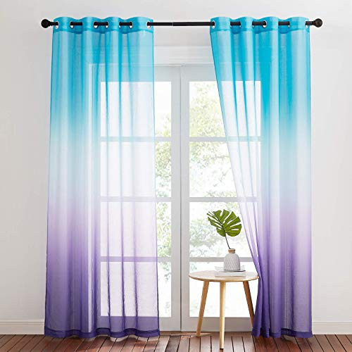 NICETOWN Wohnzimmer Gardinen Modern 2er Set H 245 x B 140 cm Vorhang Leinenoptik Halbtransparent Voile mit Farbverlauf Ösenvorhang Dekoration Curtains, Blau+Lila