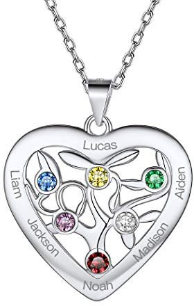925 Sterling Silver Personalised Heart Family Tree of Life Necklace with Choice of Birthstone Setting Custom Engraving Name 6 Six Birthstone Love Heart Tree Pendant Necklace for Women Teen Girls