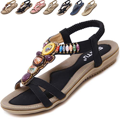 Acfoda Sandales Femme Été Confortable Plats Nu Pieds Cuir Tong de Plage Mode Claquettes Bout Ouvert avec Strass Noir 41 = FabricantTaille 42