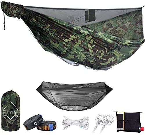 onewind 11Ft Camping Hängematte mit Moskitonetz Portable leichte Doppelhängematte Stitch-Free Durable Nylon Ripstop mit Bugnet Ridgeline 2 * 12Ft Baum Riemen für Camping Wandern Backpacking Camo