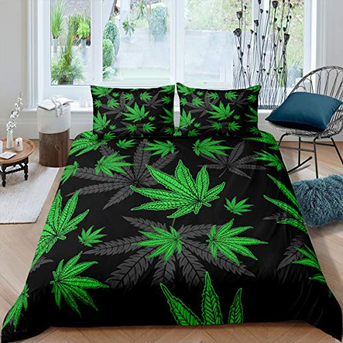 Marihuana Gras Blatt Bettgarnitur, Cannabis Blätter Bettwäsche Set Cannabis Vibrant Green Print Trösterbezug Gothic Nature Pflanzen Blatt Bettbezug Schwarz Grau Marihuana Blatt Bettbezug 200x200