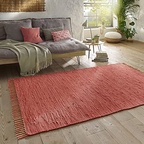 Taracarpet Handwebteppich Läufer Fleckerl Teppich Uni waschbar aus Baumwolle für Wohnzimmer und Küchenteppich 160x230 cm rot