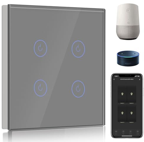 BSEED Smart Lichtschalter 4 Fach 1 Weg Wifi Smart Lichtschalter arbeitet mit Amazon Alexa and Google Home,Touch Wandschalte Glas Touchscreen-schalter Gold(Erforderlich NeutralDraht)