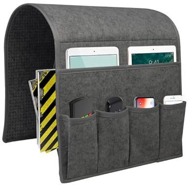 BLOOOK Organiseur d'accoudoir de canapé de chevet avec 6 poches antidérapantes - Sac de rangement pour télécommande pour canapé inclinable pour iPad, magazines, télécommande TV (gris moyen)