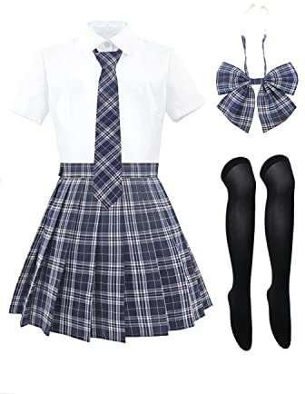 PROCOS Japanischer Studentenanzug Damen Schulmädchen Uniformen Kurzarm Shirt Krawatte mit Plaid Faltenröcke mit Fliege Krawatte Schwarz Plaid Groß