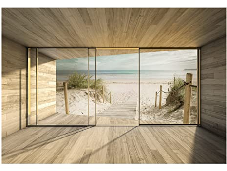 WallArena - Vlies Fototapete Strand Meer Fenster mit Aussicht Ostsee Brücke 416x254 cm - Fototapeten - Tapeten - für Wohnzimmer Schlafzimmer - Vliestapete Wandtapete Tapete 3D Effekt- inkl. Kleister