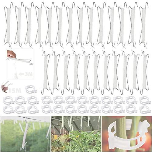 MEISHANG Metall-Tomatenhaken, 25 Stück mit 25 Klemmen und 15 m Nylon-Schnur, Ideal für Tomaten, Gurken, Auberginen & mehr