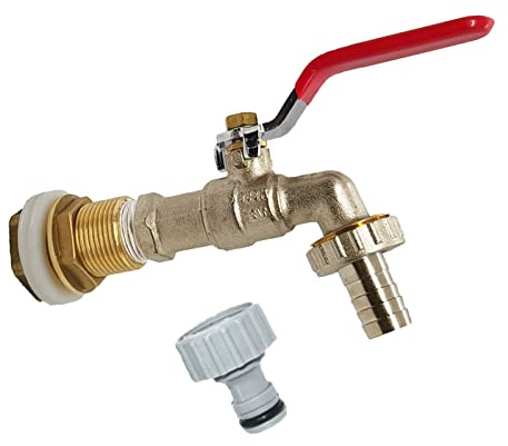 Regentonnendurchführung mit Auslaufhahn 1/2 Zoll Kugelauslaufhahn Messing Wasserhahn Garten mit Schlauchanschluss für Regentonne, Wassertanks, Zisternen, Fässer (1/2 Zoll)